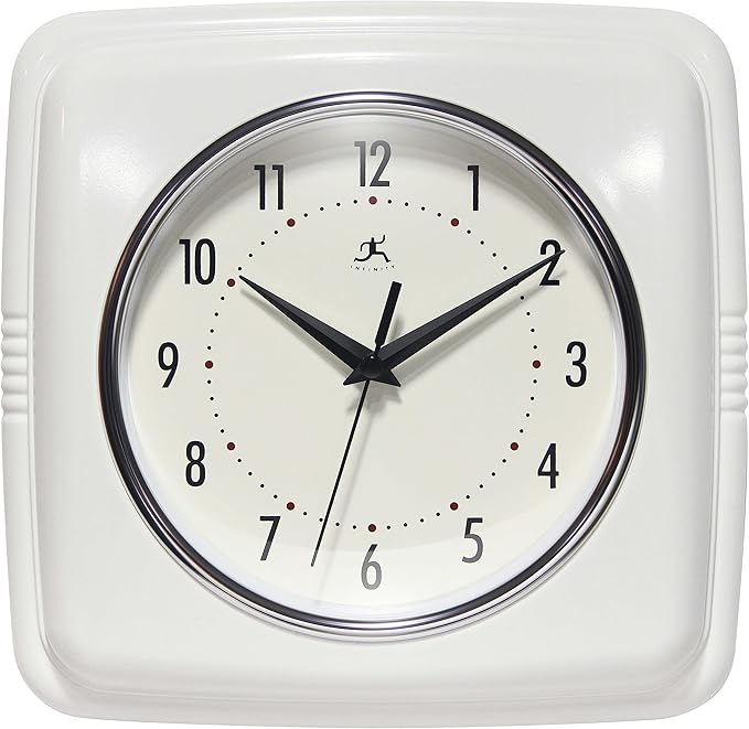 Infinity Instruments Retro – 9-Inch Square Silent Non-Ticking Mid-Century Modern Wall Clock – Vintage Decorative Timepiece for Kitchen, Office, or Diner – White