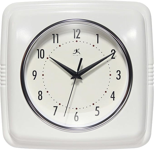 Infinity Instruments Retro – 9-Inch Square Silent Non-Ticking Mid-Century Modern Wall Clock – Vintage Decorative Timepiece for Kitchen, Office, or Diner – White
