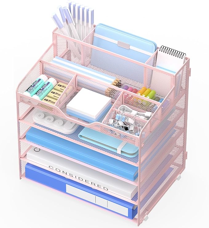 5 Tier Mesh Desk Organizer,Multi Functional Letter Paper Tray with 3 Pen Holders and 5 Adjustable Storage Compartments for Office Supplies Files and Mail Space Saving Desktop Organizer-Pink