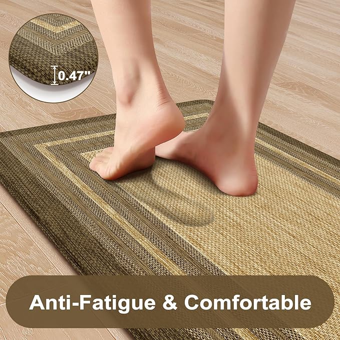 KIMODE Anti Fatigue Kitchen Mats for Floor, Farmhouse Kitchen Rugs Sets of 2, Cushioned Kitchen Floor Mats, Comfort Standing Mat for Sink Laundry Office Desk Brown/Khaki 17"x47"+17"x29"