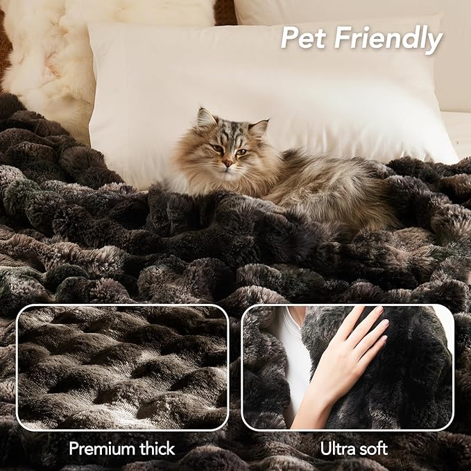 L'AGRATY Faux Fur Throw Blanket: 60" x 80" Luxury Soft Fluffy Thick Rabbit Fur Blankets for Twin Bed Couch - Cozy Plush Bubble Blankets for Home Decor: Warm Flannel Fleece Decorative Blanket