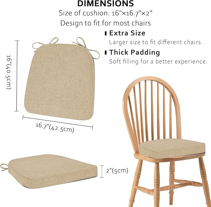 ELFJOY Chair Cushions for Dining Chairs Kitchen Chair Cushions U Shape Non Slip Chair Pads Set of 4 Seat Cushions with Ties Indoor 16.7" x 16" Beige