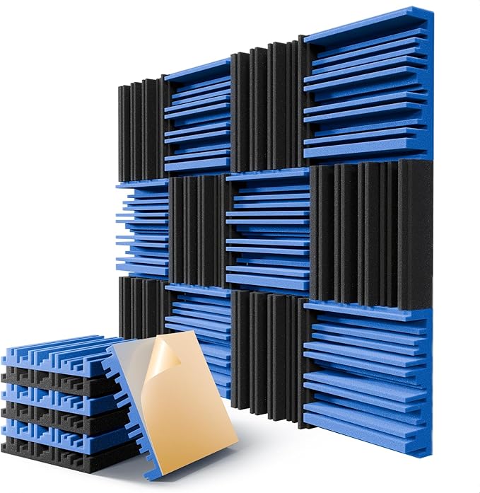 12 Pack Acoustic Foam Panels for Walls, 12" x 12" x 2" Soundproof Wall Panels, Self-Adhesive Soundproofing Padding, High Resilience Sound Absorbing Panels for Home Studios, Offices - Black & Blue
