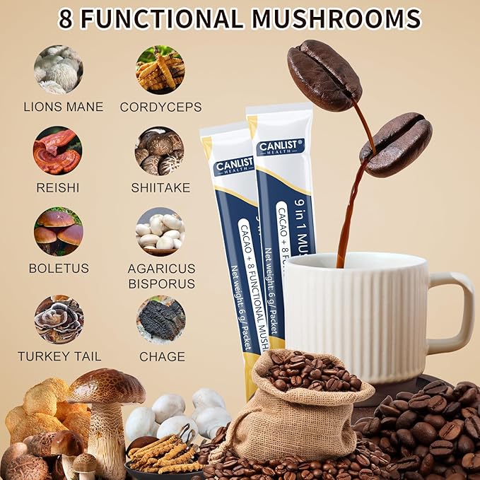 CANLIST Organic 9 in 1 Mushroom Coffee Powder with Lion's Mane & Chaga,Cordyceps, Reishi, Shiitake for Cognitive Focus, Immune Support & Stress Relief, Non-GMO & Vegan Friendly（20 Stick Packets）