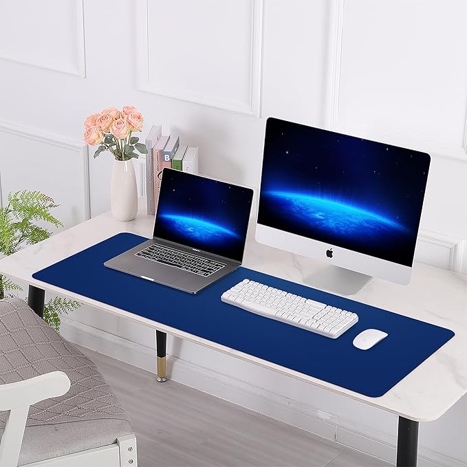 Leather Desk pad Protector, Large Desk mat with Natural Cork & PU Leather,Mouse pad,Non-Slip Office Desk Mat,Waterproof Desk Writing Pad for Office and Home (47in*17in, Sapphire Blue)