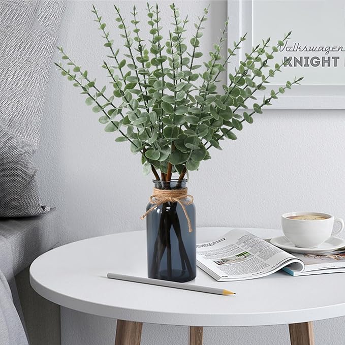 Leftover 18.8" Artificial Eucalyptus Stems in Black Glass Vase,Fake Plant Eucalyptus Plant for Centerpiece Table Decorations Black Bathroom Farmhouse Home Decor