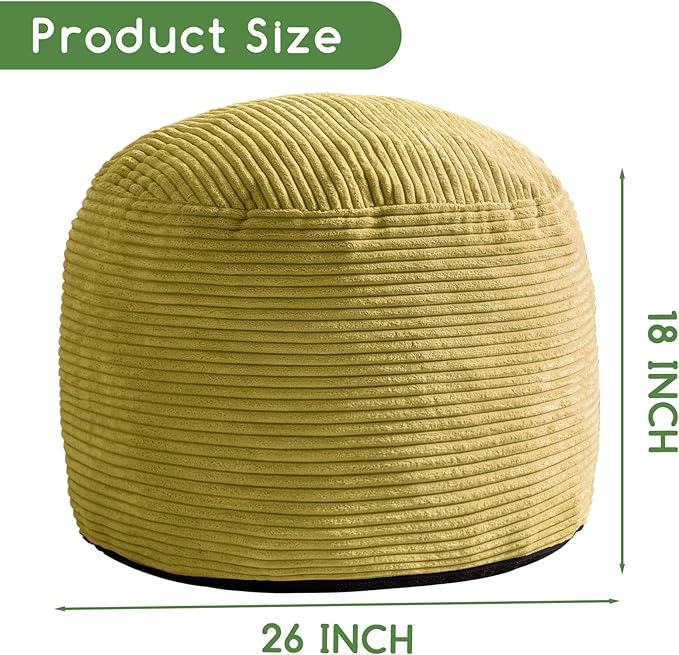 HIGOGOGO Round Stuffed Pouf Ottoman, Corduroy Poufs with Foam Chunk Filling, Furry and Fluffy Pouf Foot Stool Storage Ottoman, 26 X 18 Floor Poufs Foot Rest for Living Room, Green