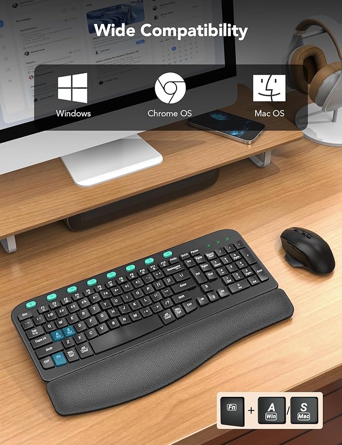 Wireless Keyboard and Mouse Combo – Ergonomic Wave Key, Built-in Leather Soft Palm Rest, 2.4G Full Size, 8 Hotkeys, 6-Button Mouse with 4-Level DPI, Dual USB-A/USB-C, Windows & macOS Compatible
