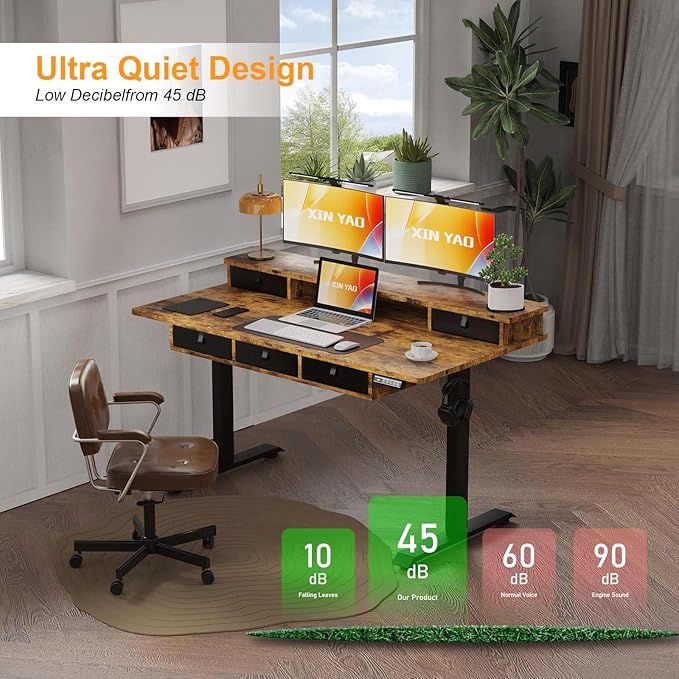 XINYAO Electric Standing Desk with 5 Drawers, 63x30 Inch Extra Wide Height Adjustable Sit Stand Up Desk with Storage Support 290lbs Ergonomic Rising Table with Wheels for Home Office