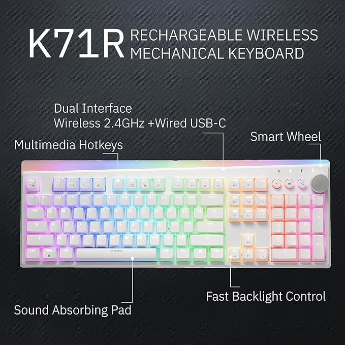 iRocks K71R Wireless RGB Mechanical Gaming Keyboard, Switches Brown,PBT 107 Keys NKRO,RGB Backlit, Pro Gaming Keyboard, Dual Wireless/Wired, Windows, Laptop PC Mac,White (Blue Switch)