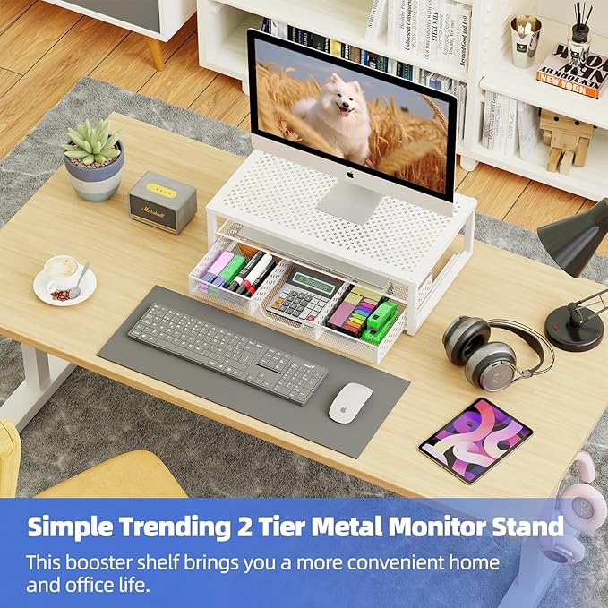 Simple Trending Metal Monitor Stand Riser and Computer Desk Organizer with Drawer for Laptop, Computer, iMac, White