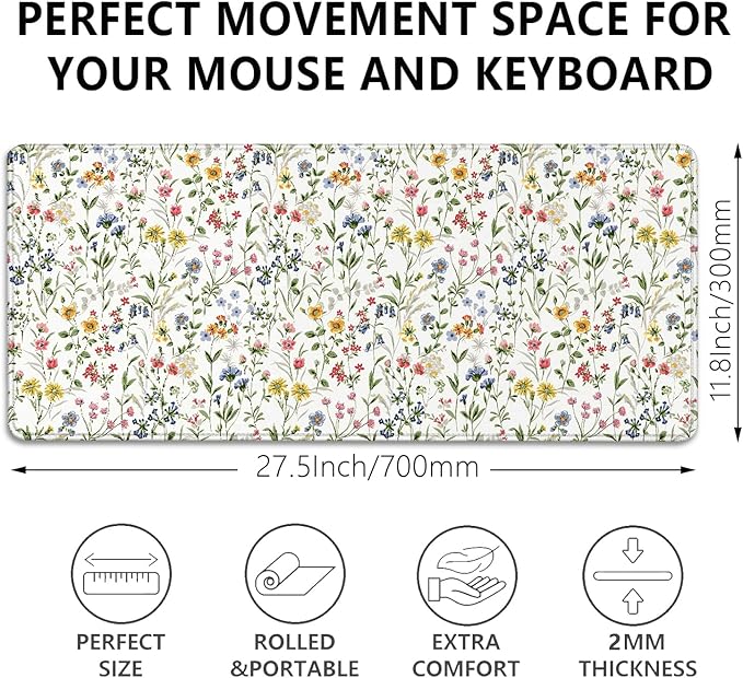 Wildflower Flowers and Plant Desk Pad Mouse Pad,Large Extended Gaming Mouse Mat with Stitched Edges,Non-Slip Waterproof Rubber Base Mousepad for Office Work Home(27.5X11.8 in)