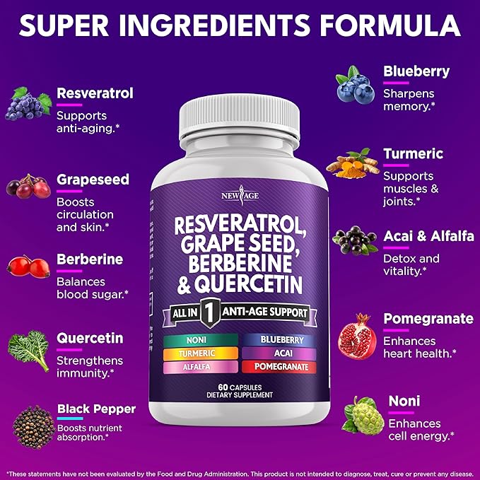 NEW AGE Resveratrol, Berberine, Grape Seed Extract, Quercetin, Polyphenol Supplement for Women and Men with Noni Extract, N-Acetyl Cysteine, Acai Extract - 120 Capsules