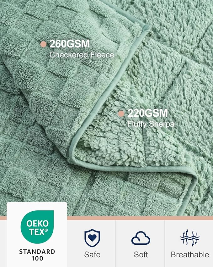 Kivik Weighted Blanket for Adult, 15 lbs Checkered Throw Blankets, Soft Dual Sided Heavy Fleece Checkerboard Blanket for Couch Sofa Bed, Queen Size 60 x 80 Inches, Sage Green