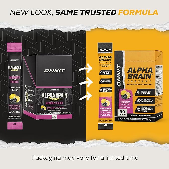 ONNIT Alpha Brain Instant Cognitive Support Drink Mix, BlackBerry Lemonade Flavor, Nootropic Supplement for Focus, Memory, and Clarity, 0.13 oz Packets, 30 Count