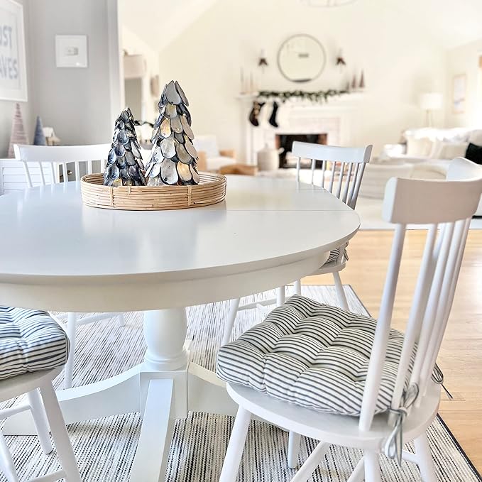 Barnett Home Decor Ticking Stripe Blue Dining Chair Pad with Ties - 15 x 17 Size Small Chair Cushion - Latex Foam Fill - Machine Washable, Reversible, 100% Cotton, Made in USA (Navy)