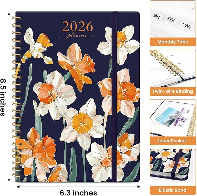 2026 Planner, Monthly and Weekly Calendar Planner for Women, January 2026 - December 2026, Hardcover Pretty 2026 Agenda Planner Book with Tabs, Spiral Bound, Perfect for School Office Home Supplies, 6.3" x 8.5" - Spring Daffodils