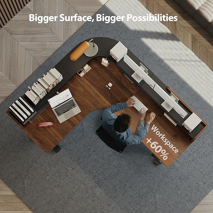 Agilestic L Shaped Standing Desk, Corner Desk with Monitor Shelf, Adjustable Height Gaming Table, Sit Stand Up Table, 63 x 55 Inch Home Office Computer Workstation, Splice Board, Dark Walnut