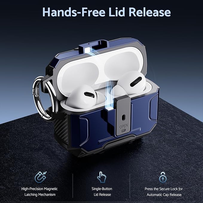 DASFOND Armor Earphone Cover Case for Airpods Pro 2, Military Grade Full Body Shockproof Protection Hard Case, Support Wireless Charging with Keychain, Magnetic Lid, Front LED Visible, Blue
