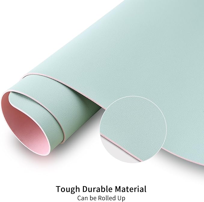 KINGFOM Desk Pad Office Desktop Protecter, PU Leather Desk Mat Blotters Organizer with Comfortable Writing Surface (47.2" x 23.6", Light Green+Pink)
