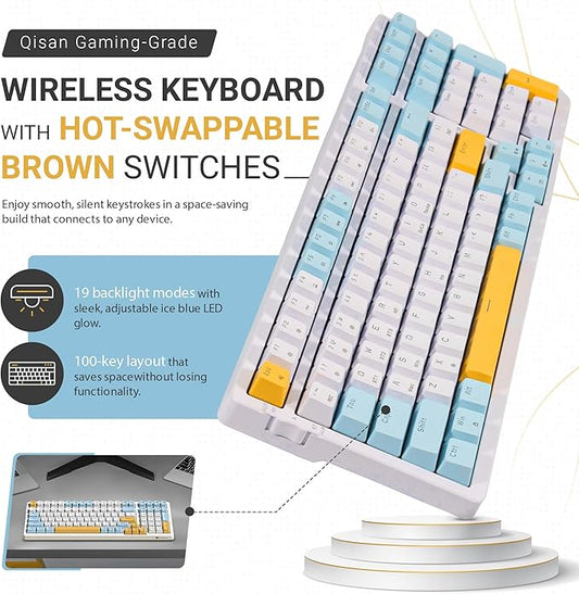Qisan Wireless/Wired Mechanical Keyboard, Triple Mode 2.4G/USB-C/BT Wireless Gaming Keyboard, 100 Keys (98%) US Layout Brown Switch Rechargeable Ice Blue Backlit Keyboards | Blue & Yellow & White