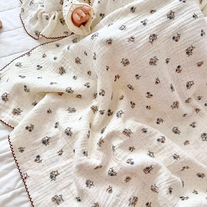 BuLuTu Large Muslin Toddler Blanket 47x51 Inch, Cottage Floral Print Baby Crib Blanket, Soft Breathable Lightweight Nursery Blankets, Pansy Flowers & Small Dots Pattern