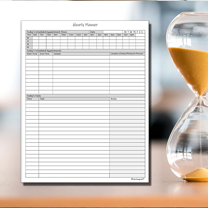 Hourly Planner Notepad. 60 Page Planning Pad w/Appointment Time Block, Task Log List & Note Sections. For Office Work Schedule & Time Management. 8.5 X 11, A4 Sheets.
