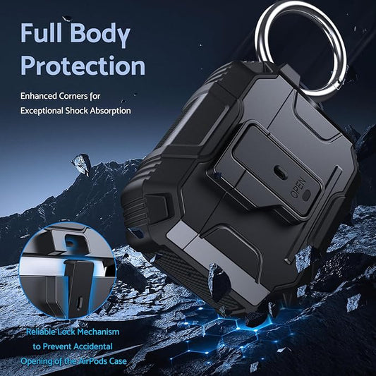 DASFOND Armor Cover Airpods 3 Generation Case, Military Grade Full Body Shockproof Protection Hard Case, Support Wireless Charging with Keychain, Magnetic Lid, Front LED Visible, Black