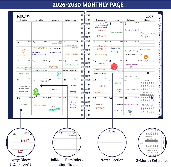 Monthly Planner 2026-2030, 5-Year Calendar Planner 2026-2030, Jan 2026 – Dec 2030, 6.2 x 8.4 In, Ruled Spread, Flexible Cover, Spiral Wirebound, Pocket, 60 Coated Monthly Tabs, Notes ＆ Habit Tracker
