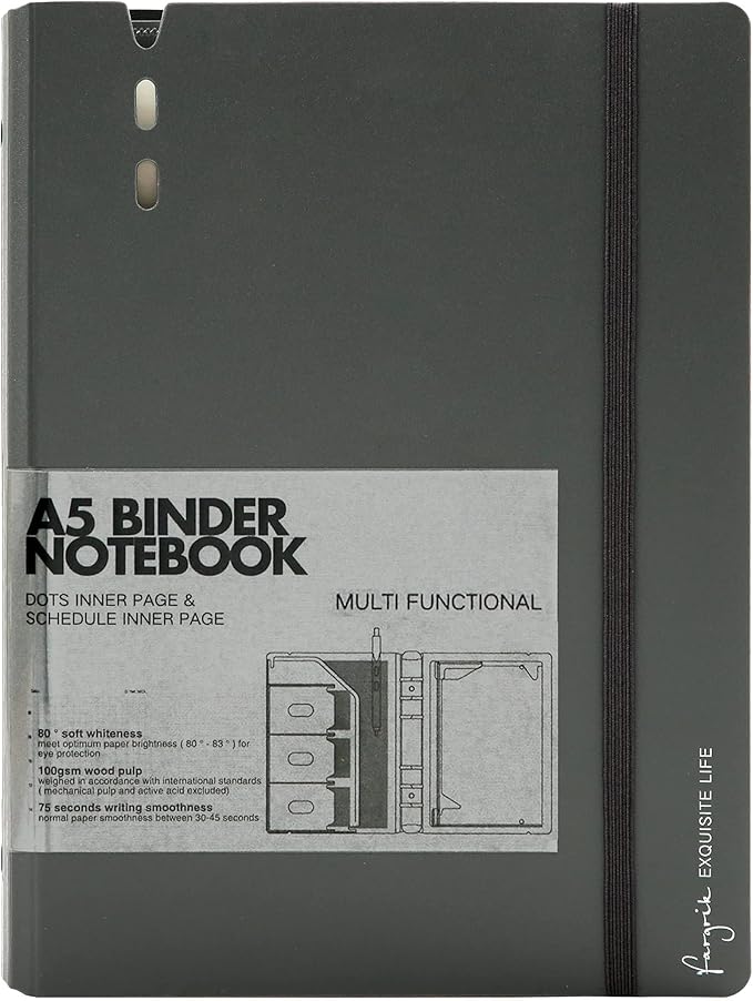 CAGIE A5 Binder 6 Ring Notebook with Dividers Refillable Planner Binder with Pockets, Refill Paper Include Planning Square Ruled and Dotted Pages, 6.89 x 9.25 In, (Grey, A5 Daily&Dot Page)