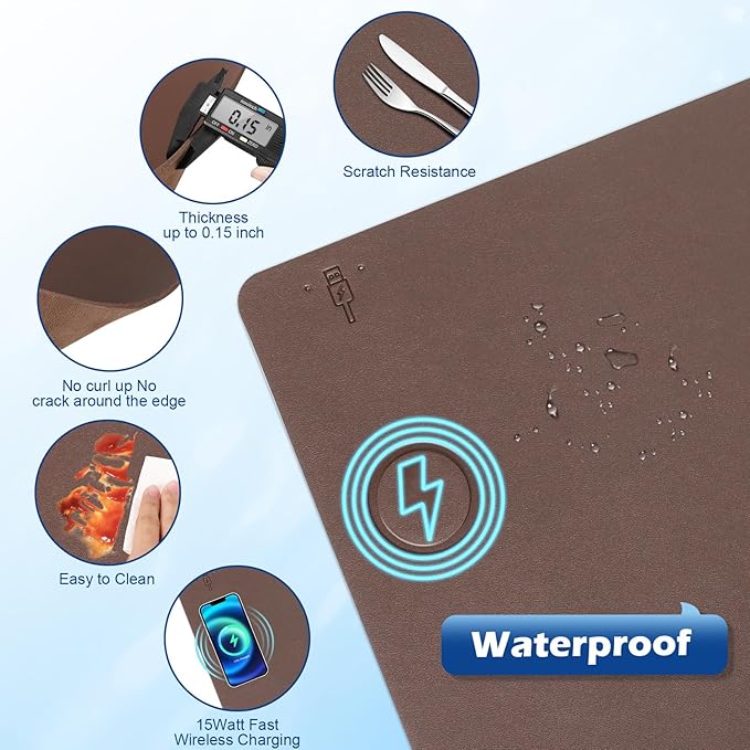 Wireless Charging Desk Mat with Desk Pad for Desktop Charging Large Mouse Pad Waterproof Leather Computer Mat Mouse Pad Non-Slip Protector on Top of Desks for Keyboard and Mouse (brown-l, 36*17inch)
