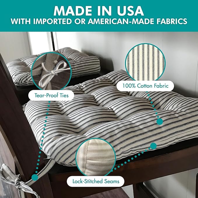 Barnett Home Decor Ticking Stripe Black Dining Chair Pad with Ties - Pack of 2-17" x 15" Size Small Chair Cushion - Latex Foam Fill - Machine Washable, Reversible, 100% Cotton, Made in USA