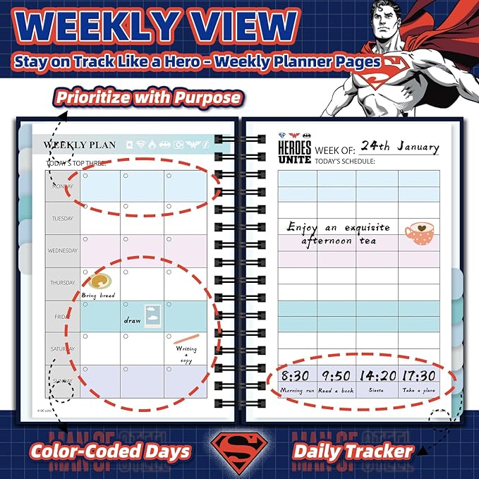 Hardcover Spiral Notebook Journal with 12 Dividers Tabs Weekly&Monthly Planner Productivity Journal Superhero Theme Leather Organizer for Work School Adults Teens and Professionals (SUPERM-REDBLACK)