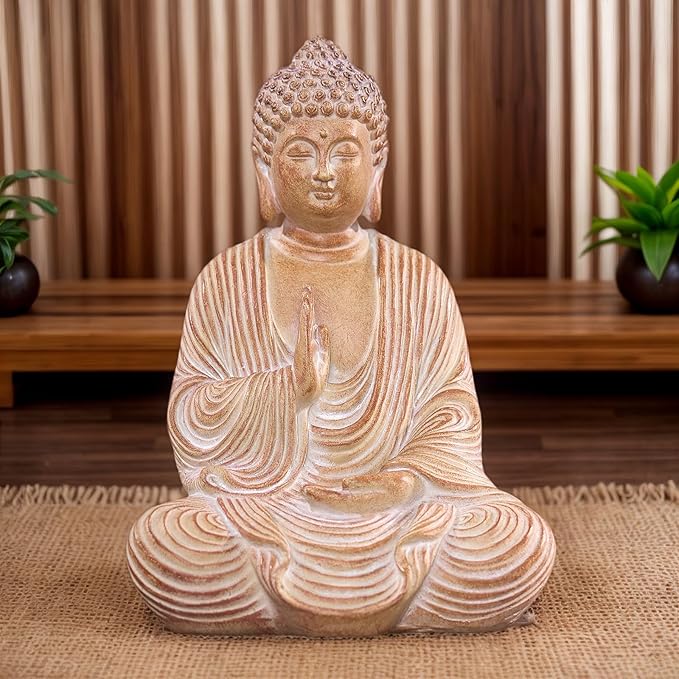 Zen Buddha Statue - Hand Carved Wood Grain Resin Meditation Decor, Feng Shui Ornament for Living Room Desk, Spiritual Space Zen Garden Decoration (Housewarming Gift/Mindfulness Aid, 7.87inch)