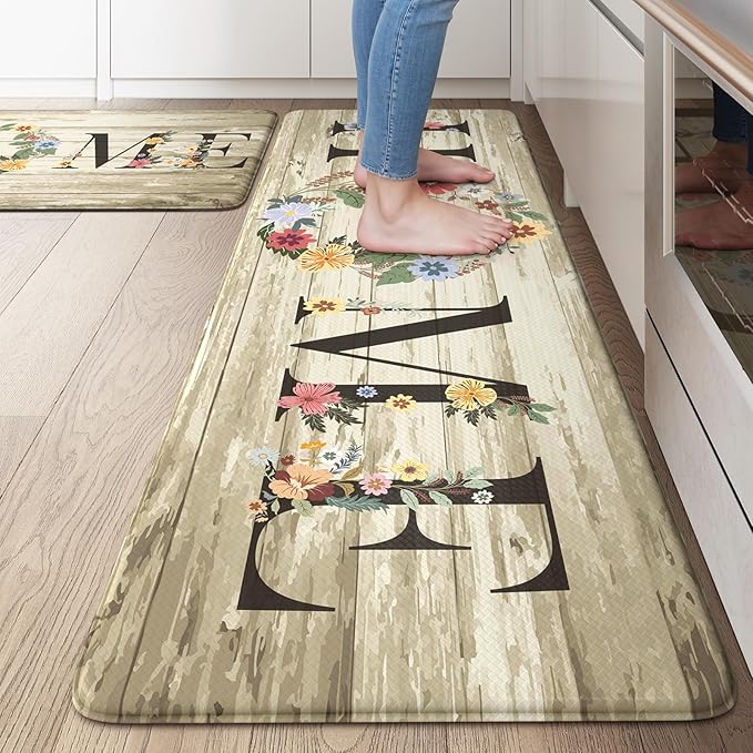 KIMODE Anti Fatigue Mats for Kitchen Floor,Farmhouse Floral Rugs Sets of 2,Cushioned Carpet Non Slip,Wide Memory Foam Runner for Bathroom Sink Laundry Office,Beige 20"x47"+20"x32"