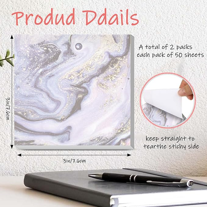 Sticky Notes 3x3 Inches, 2 Pads Cute Colorful Self-Stick Note Pads, Easy to Post for Home, Office and Daily Life Organization Luxury Blue Marble