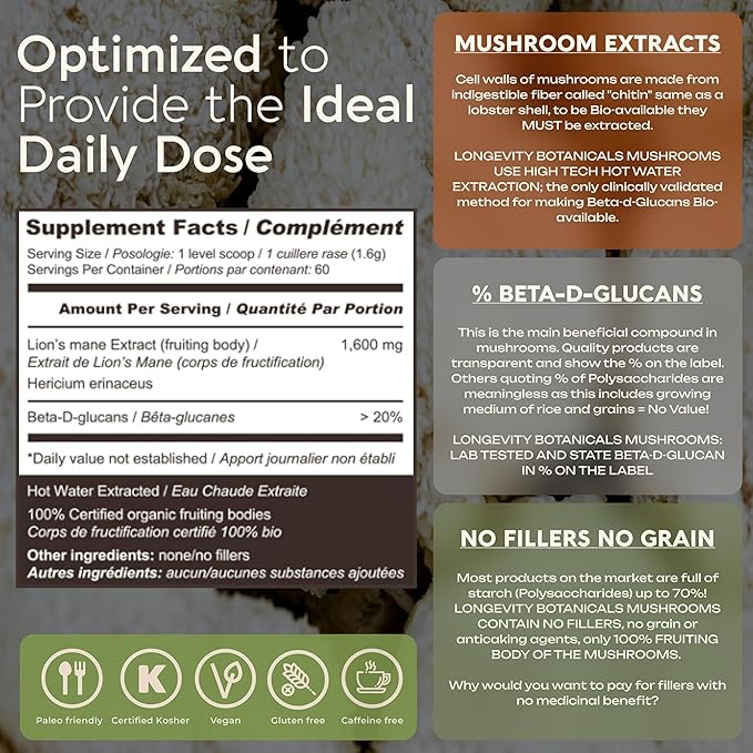 Longevity Botanicals Organic Lion’s Mane Mushroom Extract Powder 100g | Concentrated 8:1 Ratio | 100% Fruiting Bodies | Hericium Erinaceus Nootropic Supplement for Focus, Memory & Brain Support