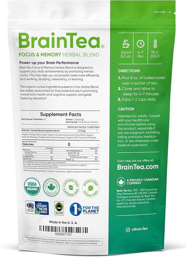 Brain Tea Focus & Memory - Organic Certified 4-in-1 Nootropic Brain Supplement with Ginkgo Biloba, Gotu Kola, Lion’s Mane Mushroom and MCT - Caffeine-Free Herbal Tea for Mental Clarity (30 Sachets)