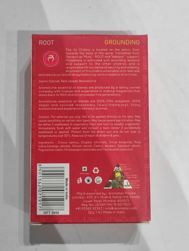 Root Chakra Essential Oil Roll-On Blend by Aromafume | 10ml/0.33 fl oz | Muladhara | Aromatherapy Oils for Chakra Balance | Patchouli Extracts | Chakra Incense for Meditation, Yoga, Reiki