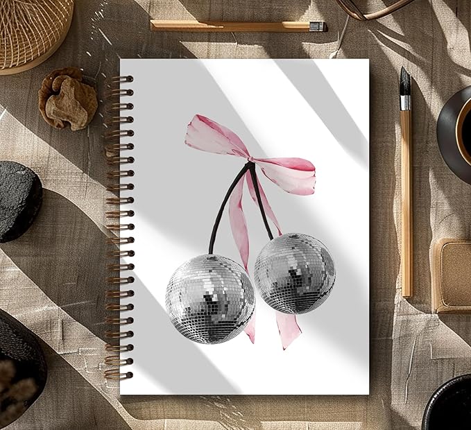Coquette Trendy Retro Disco Ball Cherry Pink Notebook,Preppy Funky Cherry Disco Notebook Journal,Pink Girly Notebook,Preppy Gifts for Women,Pink Office Supplies,Spiral Notebook 5.5x8.3 Inch