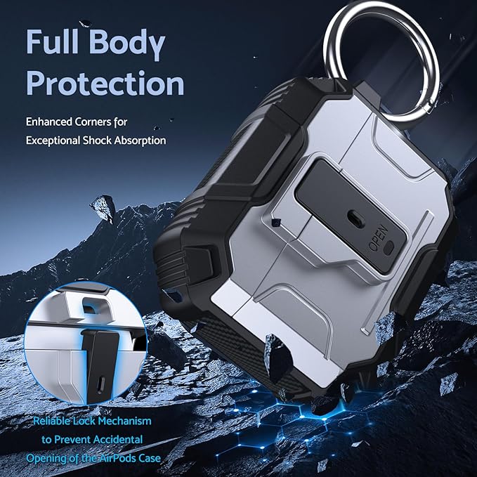 DASFOND Armor Cover Airpods 3 Generation Case, Military Grade Full Body Shockproof Protection Hard Case, Support Wireless Charging with Keychain, Magnetic Lid, Front LED Visible, Silver