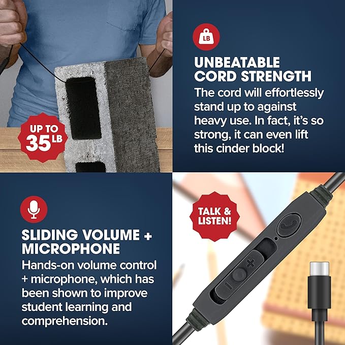 SENTRY Bulk Rugged School Headphones, Durable for Kids, Students, Teachers, Classrooms, 3.5mm or USB-C Jack Options, Optional Boom Mic for Online Learning (8 Count - USB C Inline Mic, 8, Count)