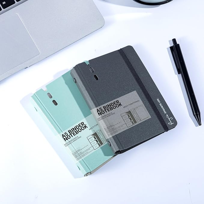 CAGIE A7 Binder 6 Ring Notebook with Dividers Refillable Planner Binder with Pockets, Refill Paper Include Planning Square Ruled and Dotted Pages (Grey and Blue, 2 Pcs A7 Hourly&Dot Page)