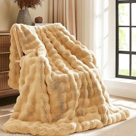 L'AGRATY Faux Rabbit Fur Blanket: 50" x 60" Luxury Soft Fluffy Thick Fur Throw Blanket for Couch Bed - Cozy Plush Bubble Blankets for Winter: Warm Flannel Fleece Decorative Blanket(Milk Tea Brown)