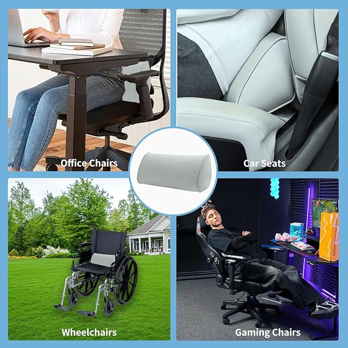 Lumbar Support Pillow for Car Seat and Office Chair, Gaming Chair, Ergonomic Memory Foam Back Cushion Lower Back Pain Relief, Luxury Leather Back Support Pillow, Gray, 1 Pack