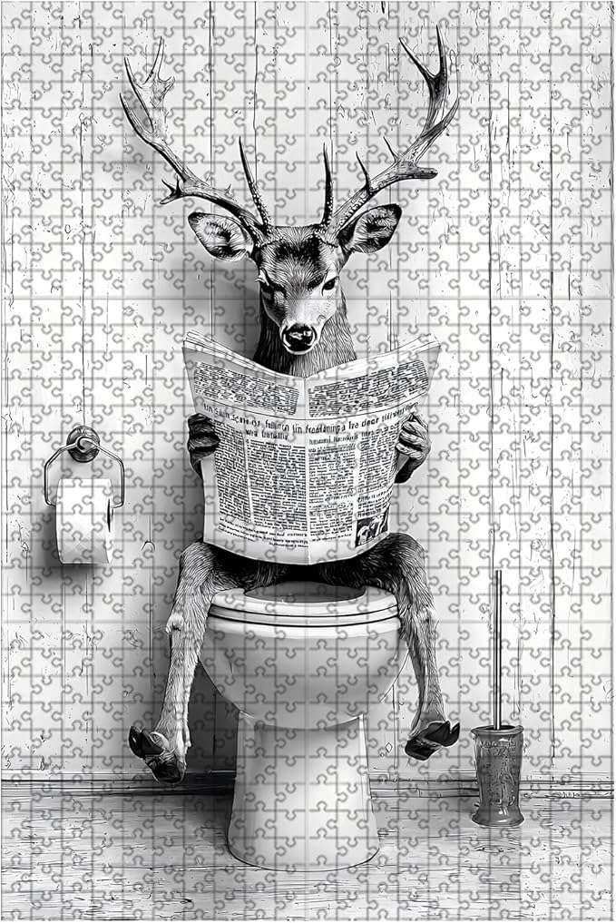 1000 Piece Adults Kids Deer Jigsaw Wooden Black and White Bathroom Jigsaw Adult Stress Relief Therapy Challenging 29.5x19.7 Inch