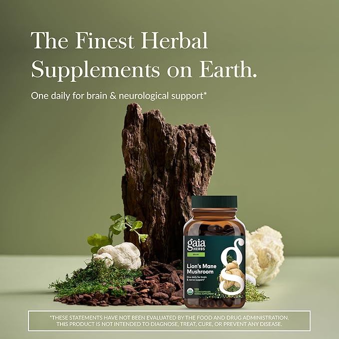 Gaia Herbs Lion’s Mane Mushroom - Brain & Nerve Health Support - 120 Vegan Capsules