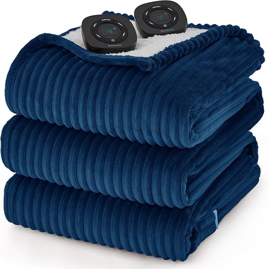 Bedsure GentleSoft Electric Blanket Queen Size - Soft Ribbed Flannel Heated Blanket with Dual Control, Heating with 10 Heat Settings & 10 Time Settings, 8 hrs Timer Auto Shut Off (84x90 inches, Navy)