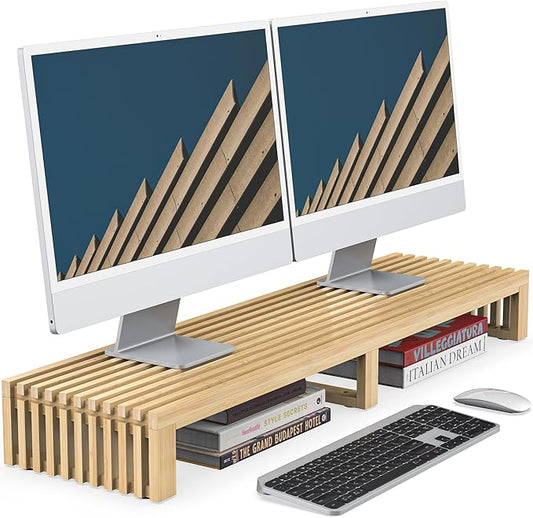 Dual Monitor Riser Stand with Airflow Vents for 2 Monitors, Double Computer Monitor Laptop Stand Grille Design, 3 Mins Assembly Farmhouse 39 inch Bamboo Desk Shelf Organizer (Natural)
