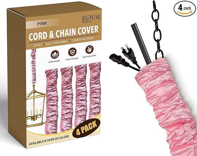 Royal Designs, Inc. Cord & Chain Cover 4 ft Silk Type Fabric, Chandelier Pendant Lighting Chain & Cable Management, Touch Fastener, Pink - 4 Pack